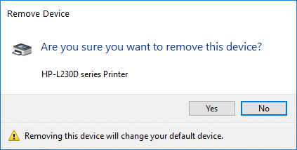 Pe ecranul Sunteți sigur că doriți să eliminați această imprimantă, selectați Da pentru a confirma