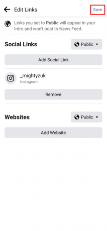 Πατήστε στην επιλογή Αποθήκευση στην επάνω δεξιά γωνία της οθόνης για να προσθέσετε τον σύνδεσμο Instagram στο βιογραφικό σας στο Facebook | Πώς να αντιγράψετε τον σύνδεσμο προφίλ Instagram από την εφαρμογή