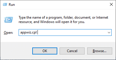Įveskite appwiz.cpl taip, kaip nurodyta, ir spustelėkite Gerai. Pataisykite „Teamviewer“ neprisijungimą sistemoje „Windows 10“.