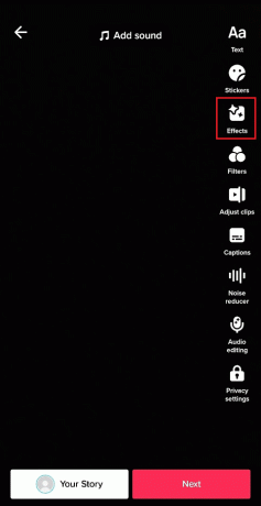 labajā rūtī pieskarieties cilnei Efekti | pievienojiet TikTok filtru esošajam videoklipam