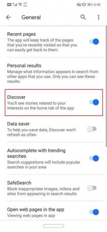 Povoľte prepínač vedľa možnosti Objaviť | Povoliť alebo zakázať službu Google Feed v systéme Android