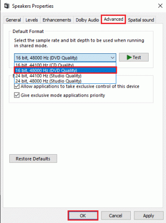 Cliquez sur Appliquer puis sur OK pour implémenter ces changements | Correction du bégaiement audio dans Windows 10