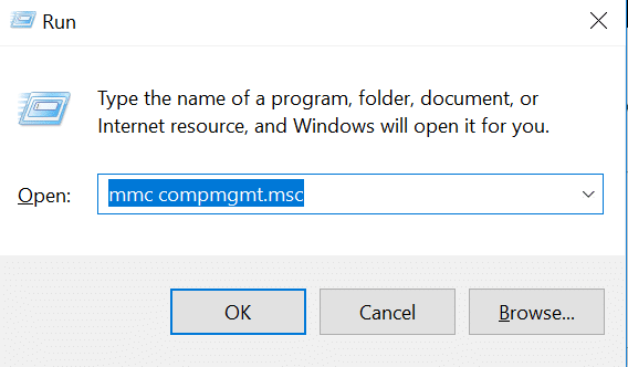 Paina Windows-näppäintä + R, kirjoita mmc compmgmt.msc ja paina Enter.