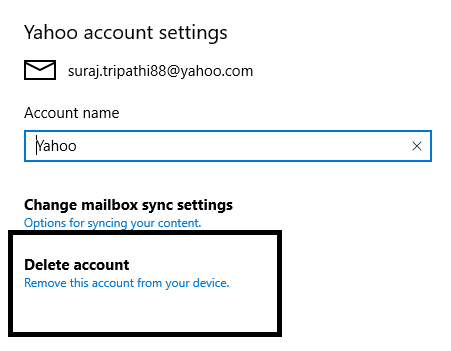 Натисніть опцію Керування, де ви отримаєте можливість видалити обліковий запис | Налаштуйте обліковий запис електронної пошти Yahoo у програмі Windows 10 Mail