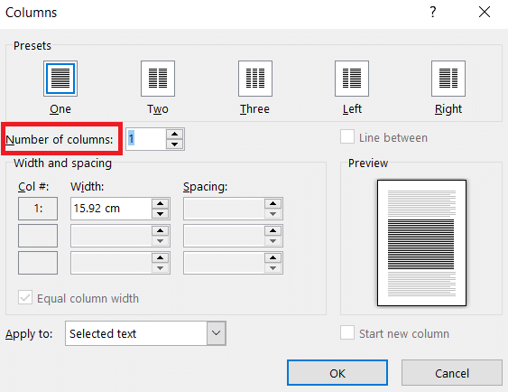 追加する列の数をクリックします。 