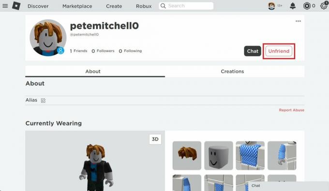Kliknite Unfriend da biste uklonili korisnika kao svog prijatelja iz Robloxa