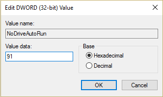 Skift værdien af ​​NoDriveAutoRun-feltet til 91, bare sørg for, at hexadecimal er valgt