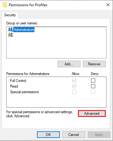 Klikk deretter på Avansert-knappen i vinduet Tillatelser for profiler 