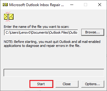 Kliknite na tlačidlo Štart. Oprava Outlook sa otvorí iba v núdzovom režime v systéme Windows 10