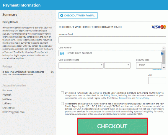 Στη σελίδα πληρωμής εισαγάγετε τα στοιχεία της πιστωτικής σας κάρτας και κάντε κλικ στο CHECKOUT για να λάβετε τη δοκιμαστική προσφορά του TruthFinder