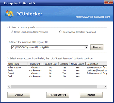Når systemet er startet opp, vil PCUnlocker-skjermen vises | Gjenopprett Windows 10 glemt passord ved hjelp av PCUnlocker