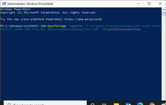írja be az AppxPackage hozzáadása regiszter CProgram Files WindowsApps Microsoft. WindowsStore 11804.1001.8.0 64 8wekyb3d8bbwe AppxManifest.xml DisableDevelopmentMode
