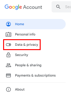 W opcjach po lewej stronie kliknij Dane i prywatność. | wyłącz Czat Google
