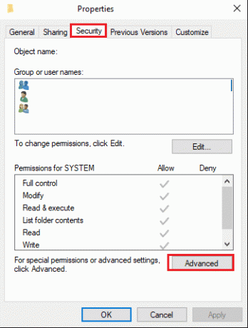 fare clic sul pulsante Avanzate nel menu Sicurezza delle proprietà della cartella