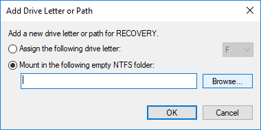 აირჩიეთ Mount შემდეგ ცარიელ NTFS საქაღალდეში, შემდეგ დააჭირეთ დათვალიერებას