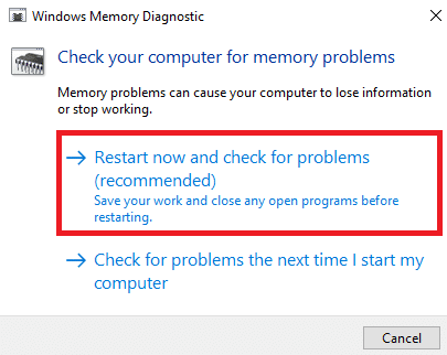 Klik nu op Nu opnieuw opstarten en controleer op problemen aanbevolen optie om uw computer te scannen op geheugenproblemen.
