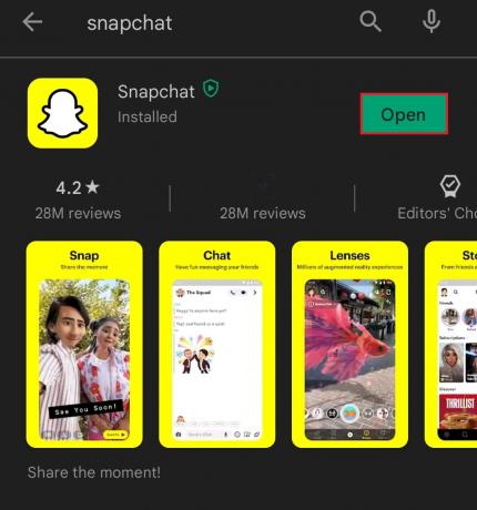 Jos sovellus on jo ajan tasalla, siinä näkyy Avaa vaihtoehto | korjaus Snapchat ei lataa tarinoita