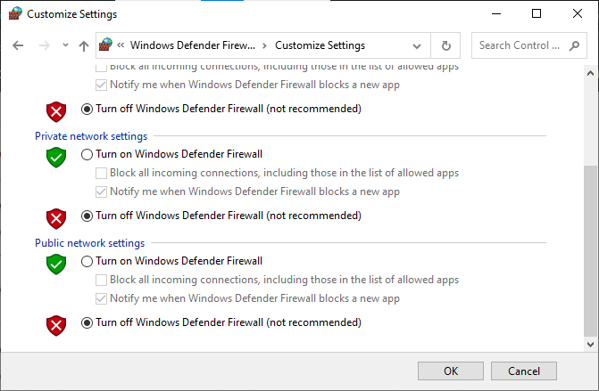 Ora, seleziona le caselle disattiva Windows Defender Firewall non consigliato