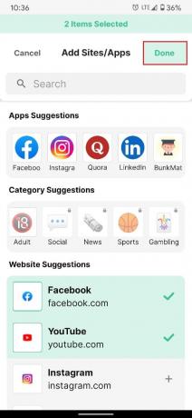 Izberite spletna mesta in aplikacije, ki jih želite blokirati, in tapnite Končano