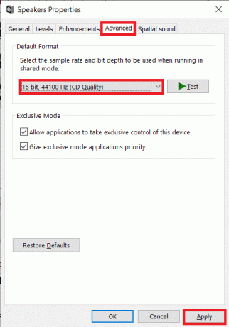 Flyt til fanen Avanceret i det følgende egenskabsvindue og vælg 16 bit, 44100 Hz som standardformat