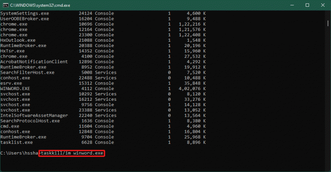 Šī saraksta apakšā ierakstiet taskillim winword.exe un nospiediet taustiņu Enter, lai izpildītu komandu.