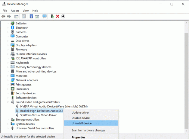 Haga clic con el botón derecho en el dispositivo de audio de alta definición y seleccione Desinstalar dispositivo | Reparar HDMI sin sonido en Windows 10 cuando está conectado a la TV