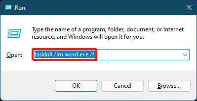 Ierakstiet taskkill im word.exe t un nospiediet tastatūras taustiņu Enter, lai palaistu komandu. | kā piespiedu kārtā iziet no programmas operētājsistēmā Windows 11