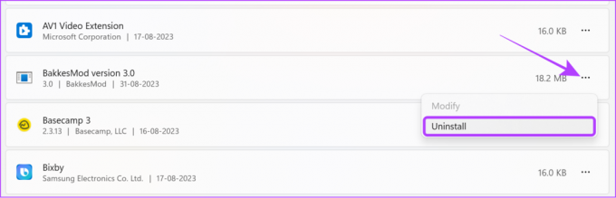 Bakkes mod の横にある 3 つのドットを選択し、アンインストールを選択します