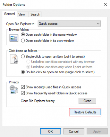 faceți clic pe Restore Defaults in Folder Options