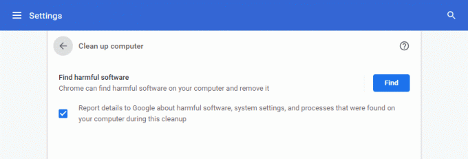 Здесь нажмите на опцию «Найти», чтобы разрешить Chrome найти вредоносное программное обеспечение на вашем компьютере и удалить его.