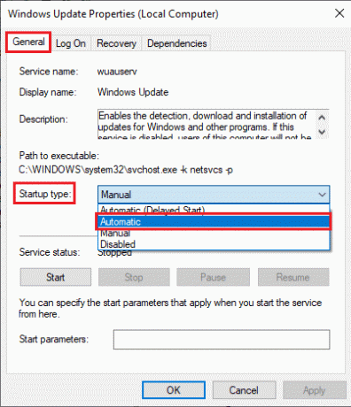 ตอนนี้ ในหน้าต่างป๊อปอัปใหม่ ให้เลือกประเภทการเริ่มต้นเป็น Automatic