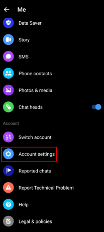 Desplácese hacia abajo y toque Configuración de la cuenta. | Cómo eliminar una cuenta de la aplicación Messenger