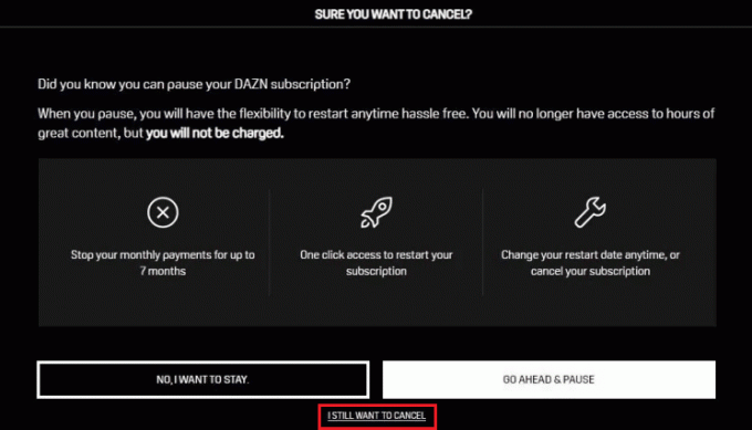 klikk på JEG VIL FORTSATT AVBRYTE | hvordan kansellerer jeg det månedlige DAZN-abonnementet mitt