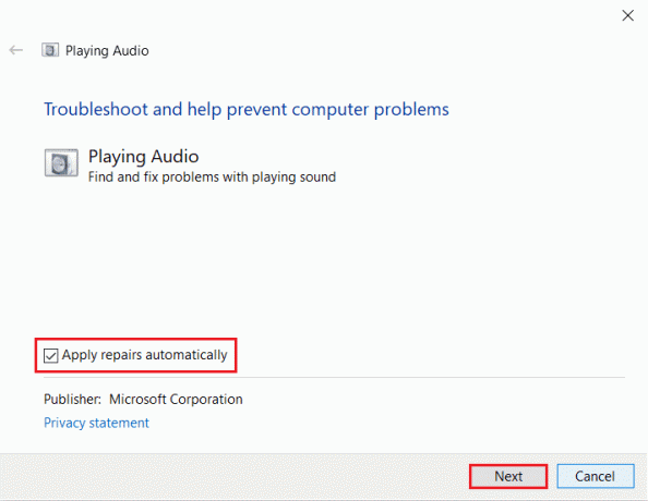 проверете опцията Прилагане на поправки автоматично и щракнете върху бутона Напред в инструмента за отстраняване на неизправности при възпроизвеждане на аудио | Микрофонът AirPods не работи на Zoom на Mac