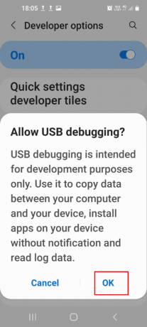 Érintse meg az OK opciót a megerősítő ablakban USB hibakeresés engedélyezése. Javítás Nem sikerült csatlakoztatni a TWRP-tárhelyet Androidon