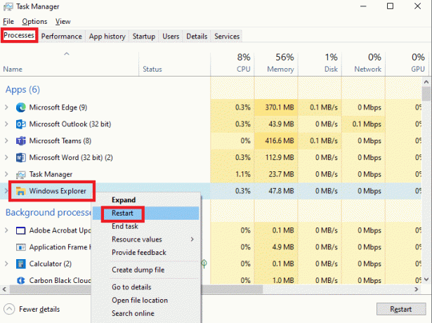 Dešiniuoju pelės mygtuku spustelėkite „Windows Explorer“ ir pasirinkite paleisti iš naujo | Nukopijuokite „Dropbox“ nuorodą, kurios trūksta „Windows 10“.
