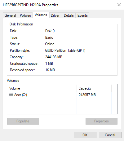 이 디스크의 파티션 스타일이 GPT(GUID 파티션 테이블) 또는 MBR(마스터 부트 레코드)인지 확인하십시오.