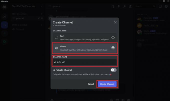 Επιλέξτε το κουμπί επιλογής Voice και εισαγάγετε το επιθυμητό όνομα καναλιού - κάντε κλικ στο Create Channel