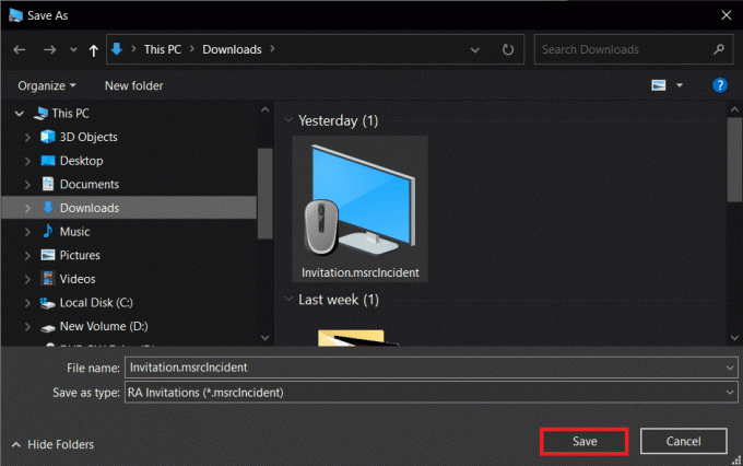 Išsaugokite kvietimo failą pageidaujamoje vietoje. | Pataisymas: „Windows 10“ neprisijungs nuotolinis darbalaukis