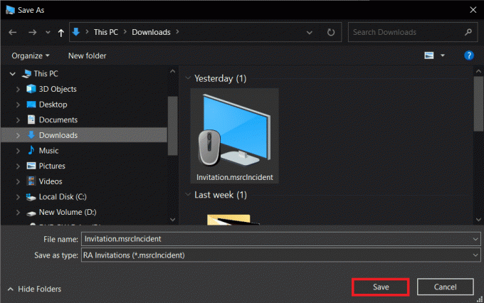 Salva il file di invito nella posizione che preferisci. | Correzione: il desktop remoto non si connetterà in Windows 10