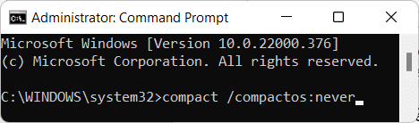Command Prompt ბრძანება Compact OS-ის გამორთვისთვის. როგორ ჩართოთ ან გამორთოთ კომპაქტური OS Windows 11-ში