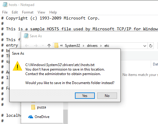 Windows에서 호스트 파일을 저장할 수 없습니까?