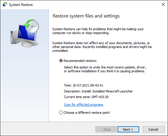 ახლა ეკრანზე გამოჩნდება სისტემის აღდგენის ფანჯარა. აქ დააჭირეთ შემდეგი Windows 10