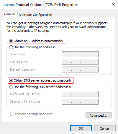 Označite Samodejno pridobi naslov IP in samodejno pridobi naslov strežnika DNS