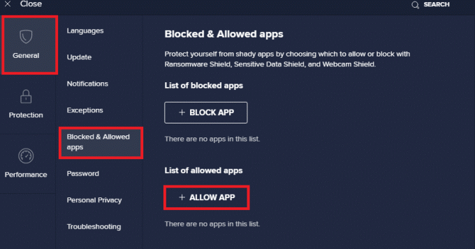 ตอนนี้ในแท็บ General ให้สลับไปที่แท็บ Blocked Allowed apps และคลิกที่ ALLOW APP ใต้ช่อง List of allowed apps