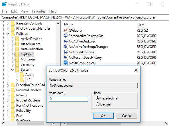 Reģistra redaktora programmā File Explorer iespējojiet vai atspējojiet skaitlisko kārtošanu