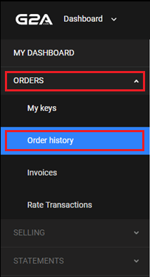Кликнете върху ПОРЪЧКИ - История на поръчките от левия панел | Как да видите състоянието на поръчката G2A