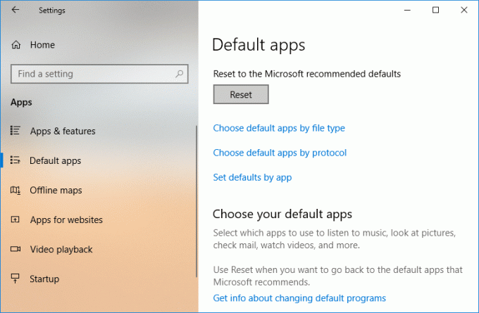 Klicken Sie unter Zurücksetzen auf die von Microsoft empfohlenen Standardeinstellungen auf Zurücksetzen | So ändern Sie Standardprogramme in Windows 10