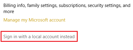 Haga clic en Cuenta y luego en Iniciar sesión con una cuenta local.
