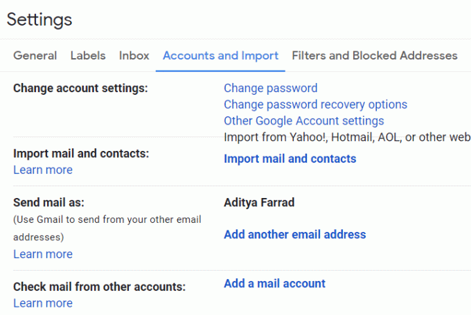 Fra Gmail-indstillinger skal du klikke på fanen Konti og import